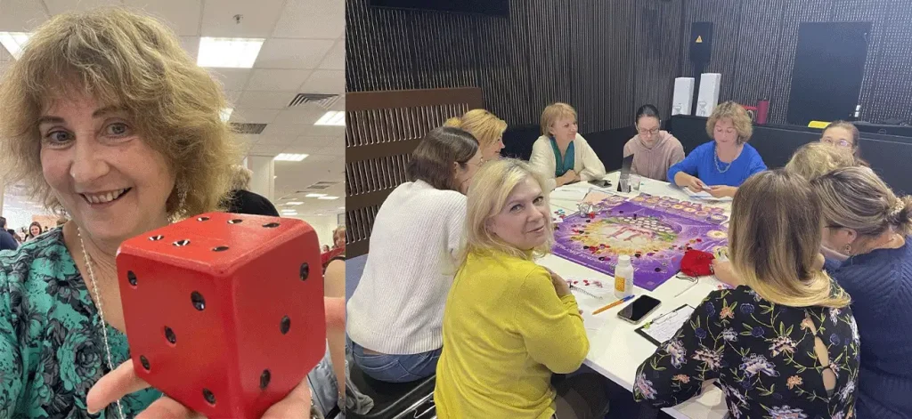 Коллаж из двух фото: слева Светлана Сухова держит большой красный кубик, справа — участницы играют в игру «Вме-сте нельзя расстаться».