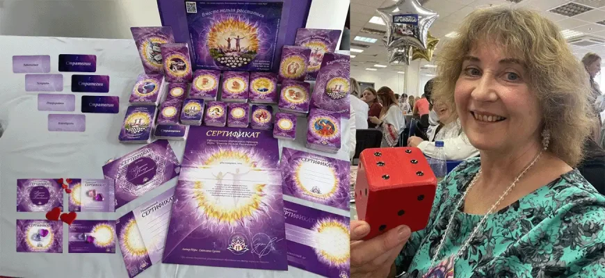 Светлана Сухова, автор игры «Вместе нельзя расстаться», и полный комплект игры с набором метафорических карт и сертификатами для ведущих.