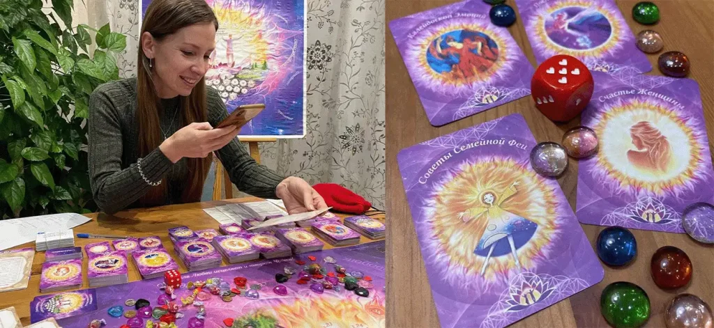 Коллаж, демонстрирующий процесс тестирования ресурсов в игре «Вместе нельзя расстаться»: слева участница фотографирует игровое поле, справа — игровые карты и яркие кристаллы.