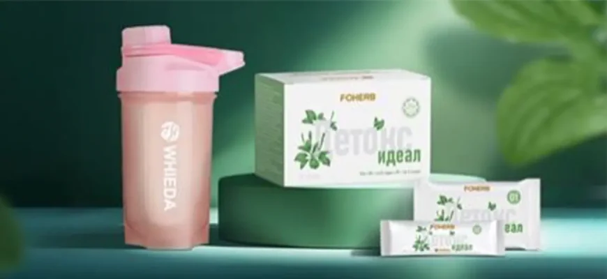 Легкорастворимый напиток Детокс Идеал FOHERB, упаковка, два саше №1 и №2, и фирменный розовый шейкер WHIEDA.
