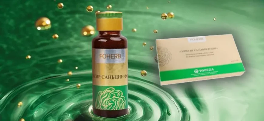Эликсир «Саньцин Фохоу» FOHERB, флакон 30 мл и упаковка на 6 флаконов на зеленом фоне с золотыми каплями.