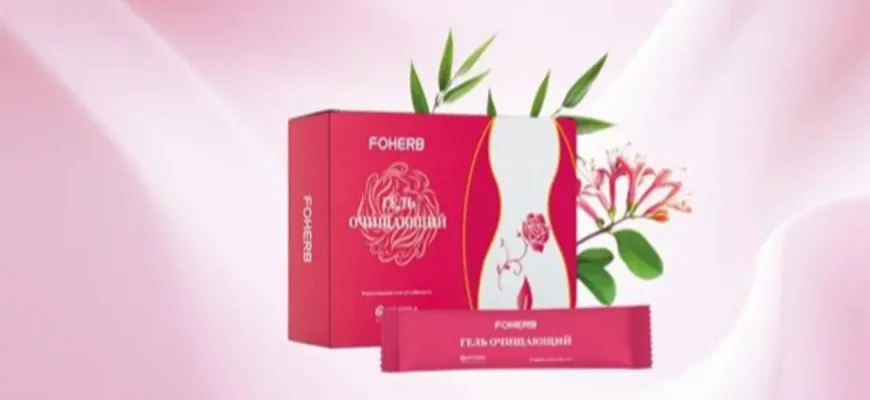Очищающий гель FOHERB: розовая упаковка с 6 тюбиками и один отдельный тюбик-саше на фоне розовой шелковой ткани.