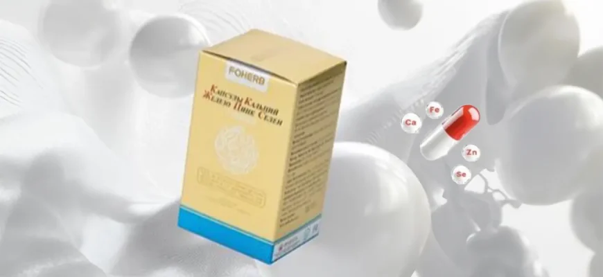 Капсулы Кальций, Железо, Цинк, Селен FOHERB в упаковке 120 штук и изображение капсулы с иконками минералов Ca, Fe, Zn, Se.