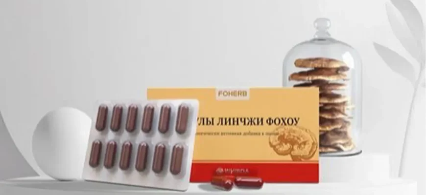 Капсулы Линчжи Фохоу FOHERB, упаковка 24 шт., блистер с капсулами и сушеные грибы ганодермы (линчжи).