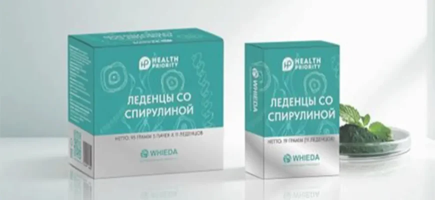 Две коробки леденцов со спирулиной WHIEDA Health Priority, большая и малая, рядом с чашей Петри со свежей спирулиной.