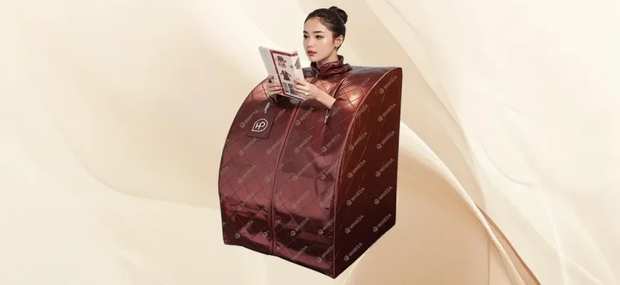 Мини-сауна БА-ГУА от WHIEDA с турмалином и черным нефритом. Женщина использует портативную сауну для улучшения микроциркуляции крови, выведения токсинов и снятия усталости.