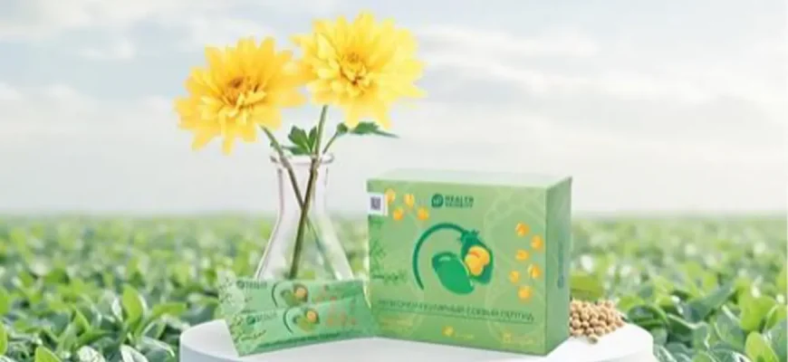 Низкомолекулярный соевый пептид Health Priority в зеленой упаковке, два пакетика-саше, в вазе стоят желтые хризантемы на фоне соевого поля.
