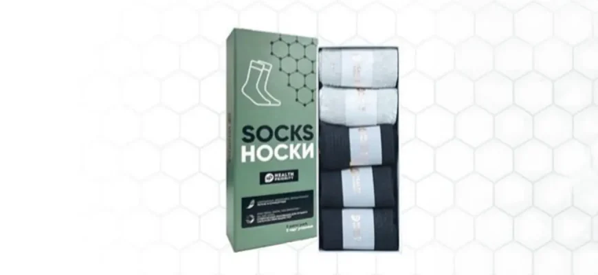 Носки с графеном WHIEDA в упаковке 5 пар, вид коробки и сложенные черные и серые пары носков.