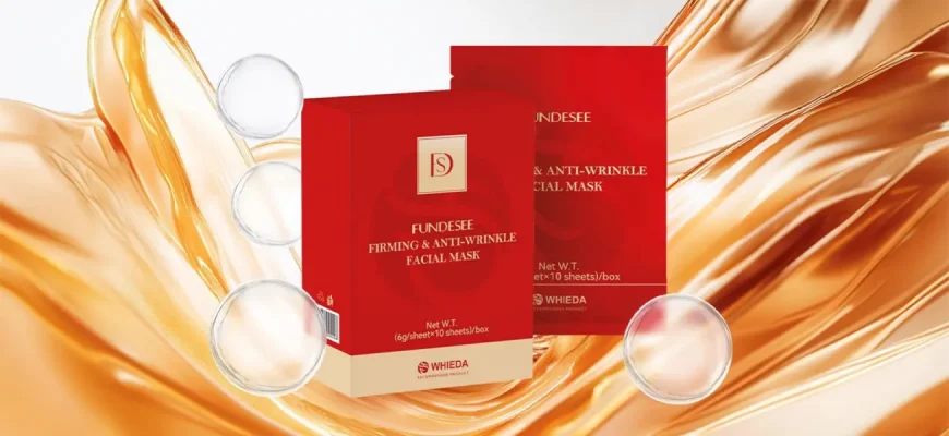 Омолаживающая маска с лифтинг-эффектом FUNDESEE, красная коробка и отдельная маска-саше на фоне золотой шелковой эссенции.