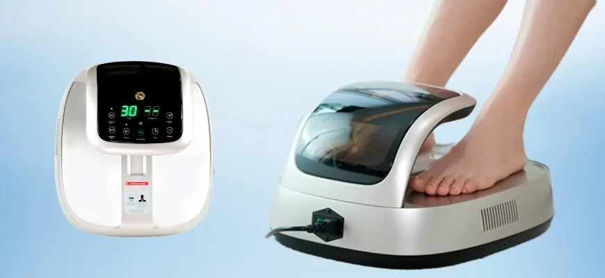 Прибор ВЭНТУН 1.0 от WHIEDA для оздоровления стоп. Аппарат использует тепловое излучение для стимуляции акупунктурных точек, LED-терапию и ионизацию воздуха.