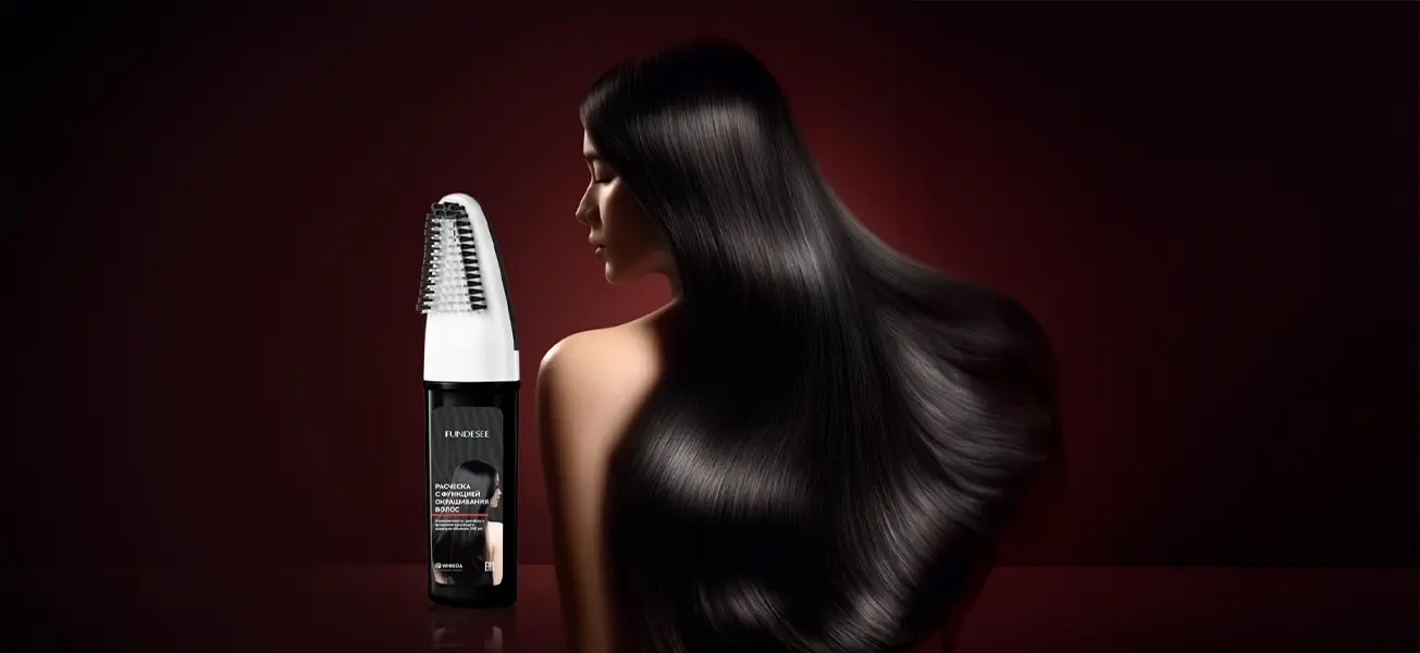 Расческа с функцией окрашивания волос FUNDESEE (Натуральный черный) и модель с длинными блестящими черными волосами.