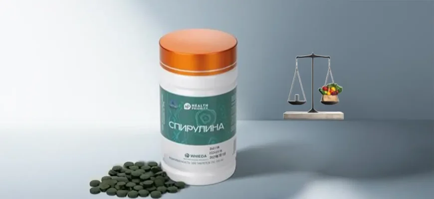 Банка Спирулины WHIEDA Health Priority 500 таблеток, рядом россыпь таблеток и весы, показывающие, что 1г спирулины равен 1кг овощей.