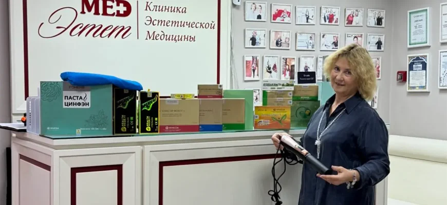 Светлана Сухова представляет продукцию WHIEDA в клинике эстетической медицины Мед Эстет, демонстрируя ассортимент оздоровительных продуктов компании.