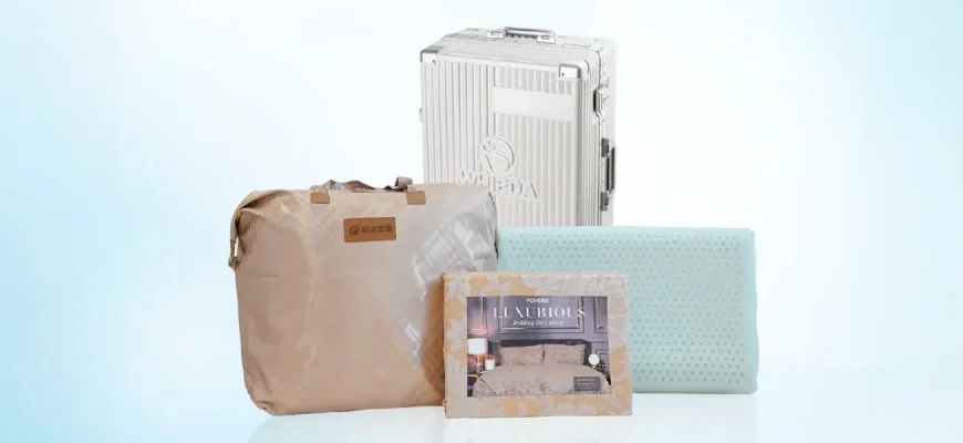 Система для здорового сна 4 в 1 от WHIEDA FOHERB, включающая комплект постельного белья с отрицательными ионами, 2 подушки, сдвоенное одеяло и подарочный чемодан.