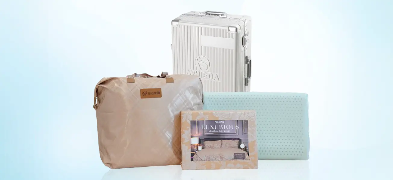 Система для здорового сна 4 в 1 от WHIEDA FOHERB, включающая комплект постельного белья с отрицательными ионами, 2 подушки, сдвоенное одеяло и подарочный чемодан.