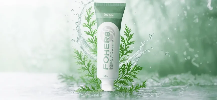 Зубная паста FOHERB с экстрактом полыни, тюбик 120 г на фоне веток полыни и всплесков воды.